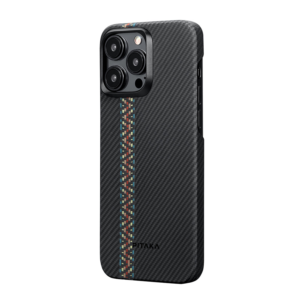 iPhone 15 Pro Kılıf Magsafe Şarj Özellikli 600D Aramid Fiber Pitaka Tactile Woven Orchestra Serisi Rhapsody Kılıf Siyah