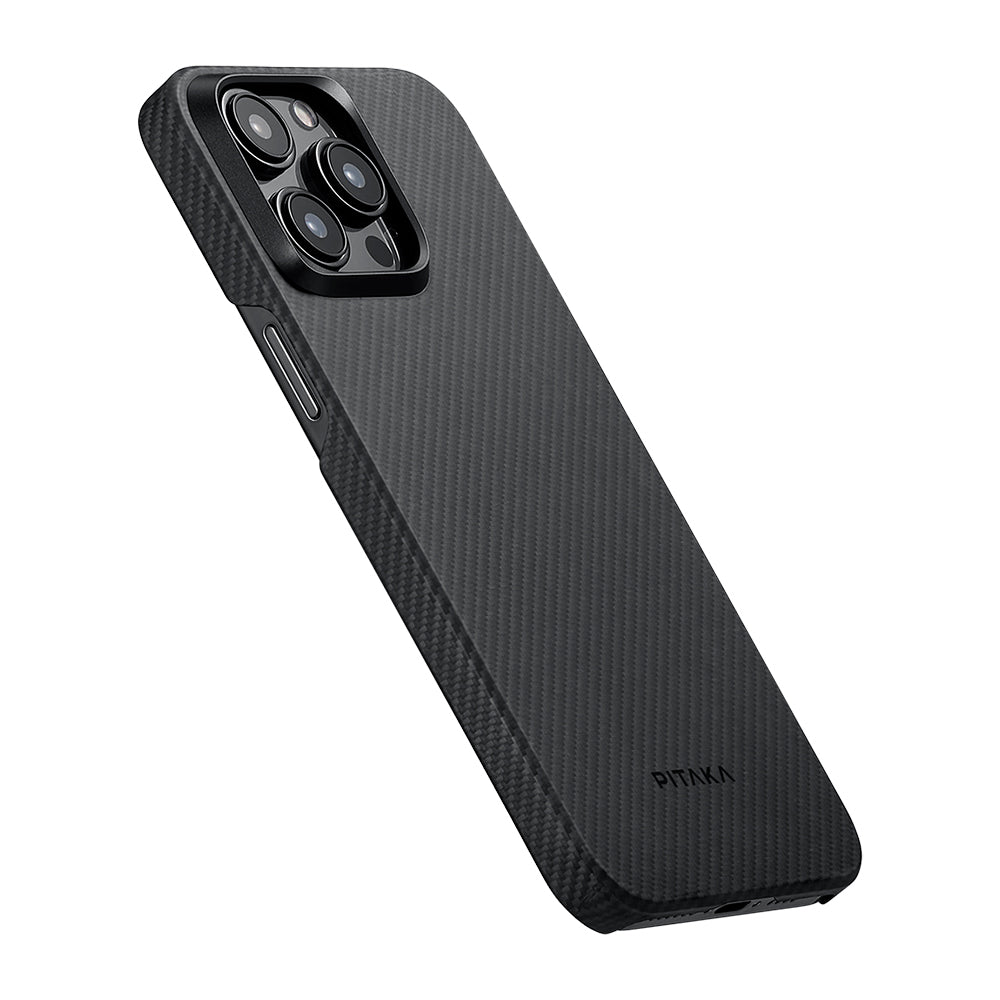 iPhone 15 Pro Kılıf Magsafe Şarj Özellikli 600D Aramid Fiber Pitaka Ultra-Slim Classic Serisi Black-Grey Twill Kılıf Siyah-Gri