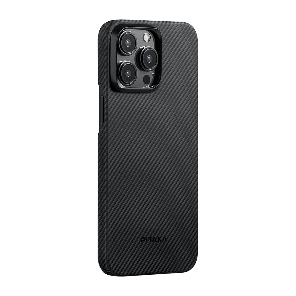 iPhone 15 Pro Kılıf Magsafe Şarj Özellikli 600D Aramid Fiber Pitaka Ultra-Slim Classic Serisi Black-Grey Twill Kılıf Siyah-Gri