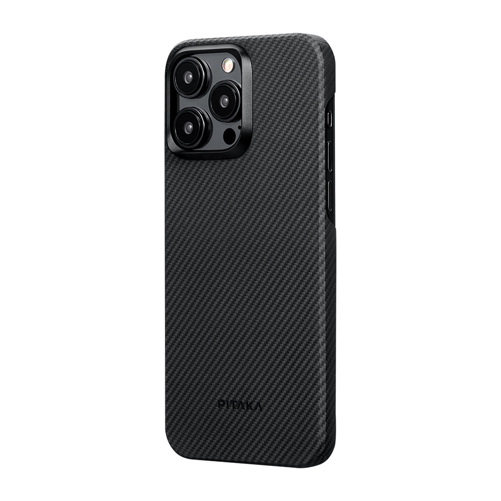 iPhone 15 Pro Kılıf Magsafe Şarj Özellikli 600D Aramid Fiber Pitaka Ultra-Slim Classic Serisi Black-Grey Twill Kılıf Siyah-Gri