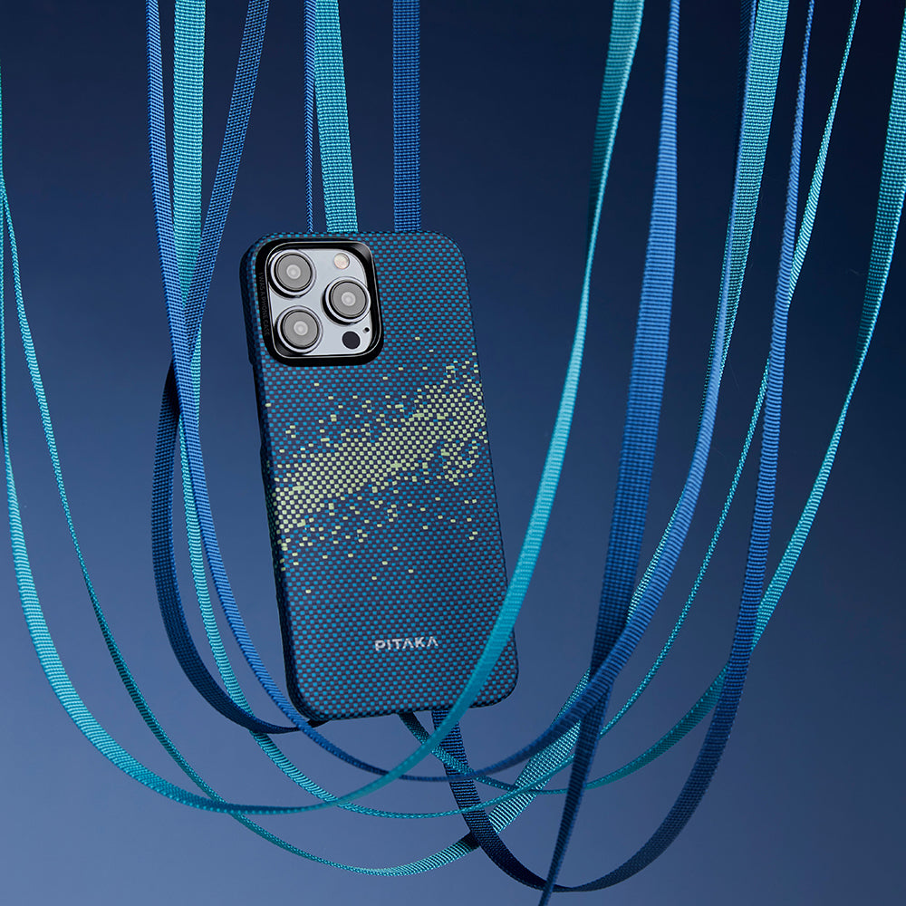 iPhone 15 Pro Kılıf Magsafe Şarj Özellikli Aramid Fiber Pitaka Tactile Woven Starpeak Serisi Milky Way Galaxy Kılıf Mavi