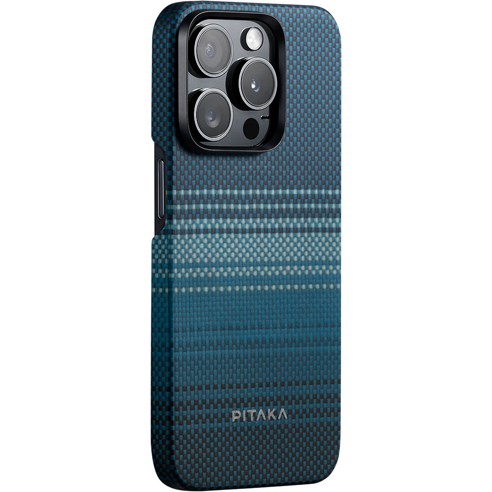 iPhone 15 Pro Kılıf Magsafe Şarj Özellikli Aramid Fiber Pitaka Tactile Woven Sunset-Moonrise Serisi Moonrise Kılıf Mavi
