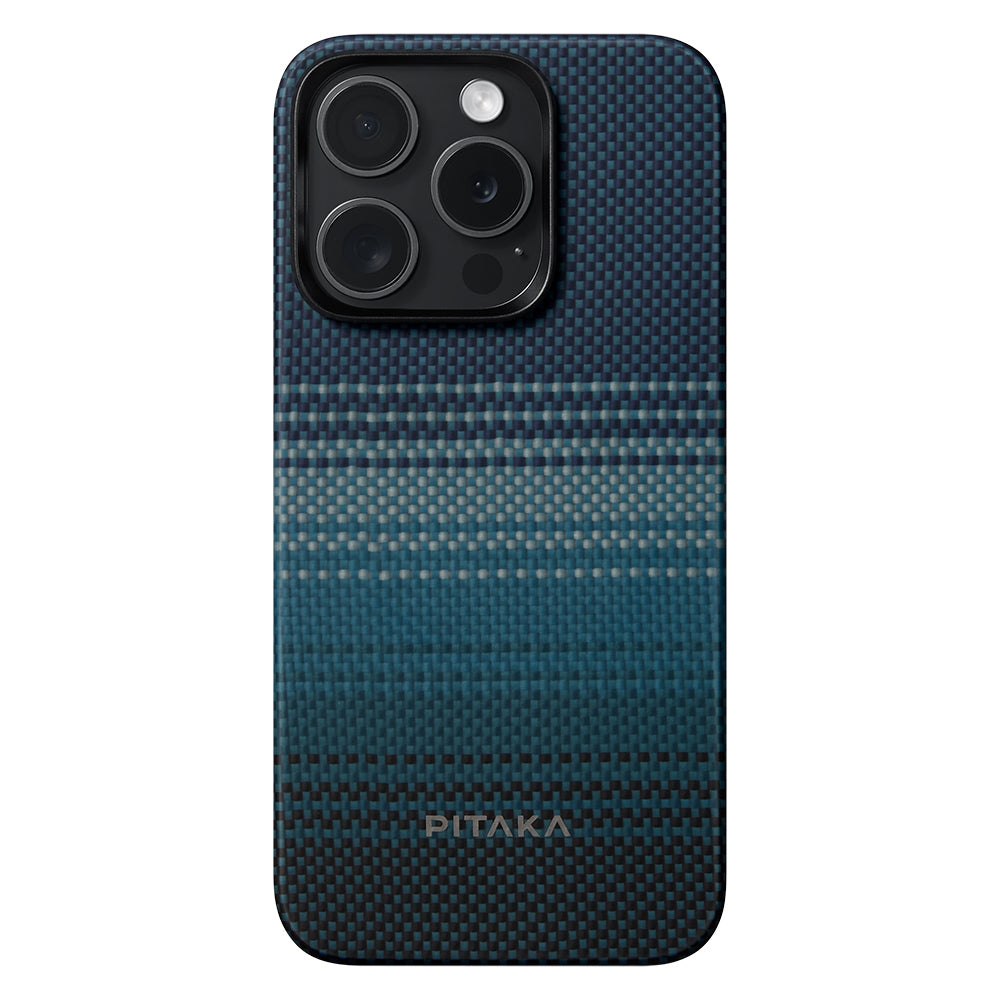 iPhone 15 Pro Kılıf Magsafe Şarj Özellikli Aramid Fiber Pitaka Tactile Woven Sunset-Moonrise Serisi Moonrise Kılıf Mavi