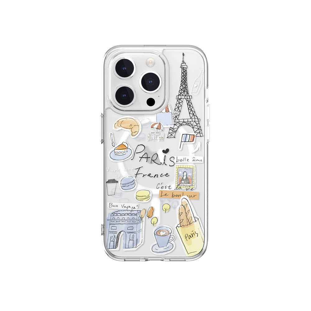 iPhone 15 Pro Kılıf Magsafe Şarj Özellikli Çizim Desenli Şok Önleyicili Şeffaf Lisanslı Switcheasy City-M Paris Kılıf Renksiz