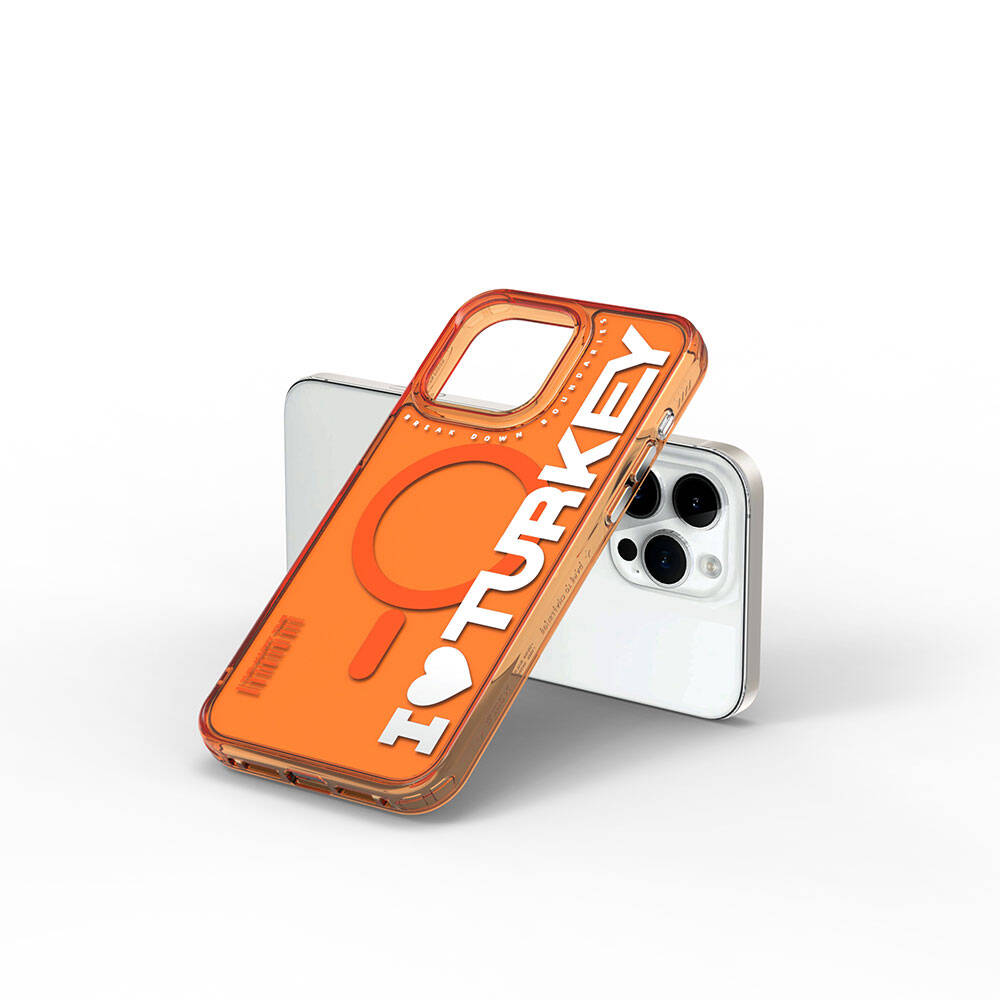 iPhone 15 Pro Kılıf Magsafe Şarj Özellikli I Love Turkey Yazı Desenli Wiwu Turkey E Serisi Kılıf Turuncu