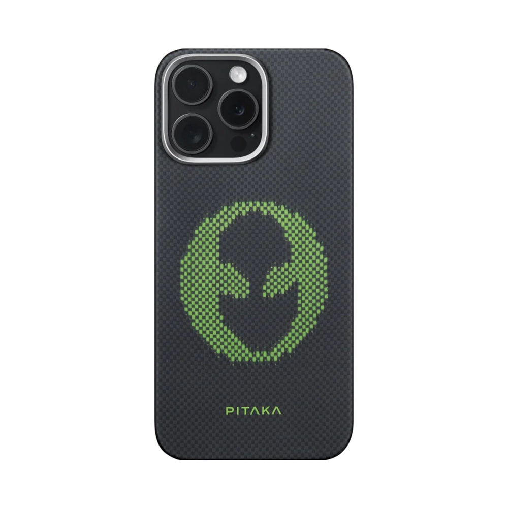 iPhone 15 Pro Kılıf Magsafe Şarj Özellikli Lumintex Teknolojili Fosforlu Aramid Fiber Pitaka Tactile Woven Aries Serisi Kılıf Siyah-Yeşil