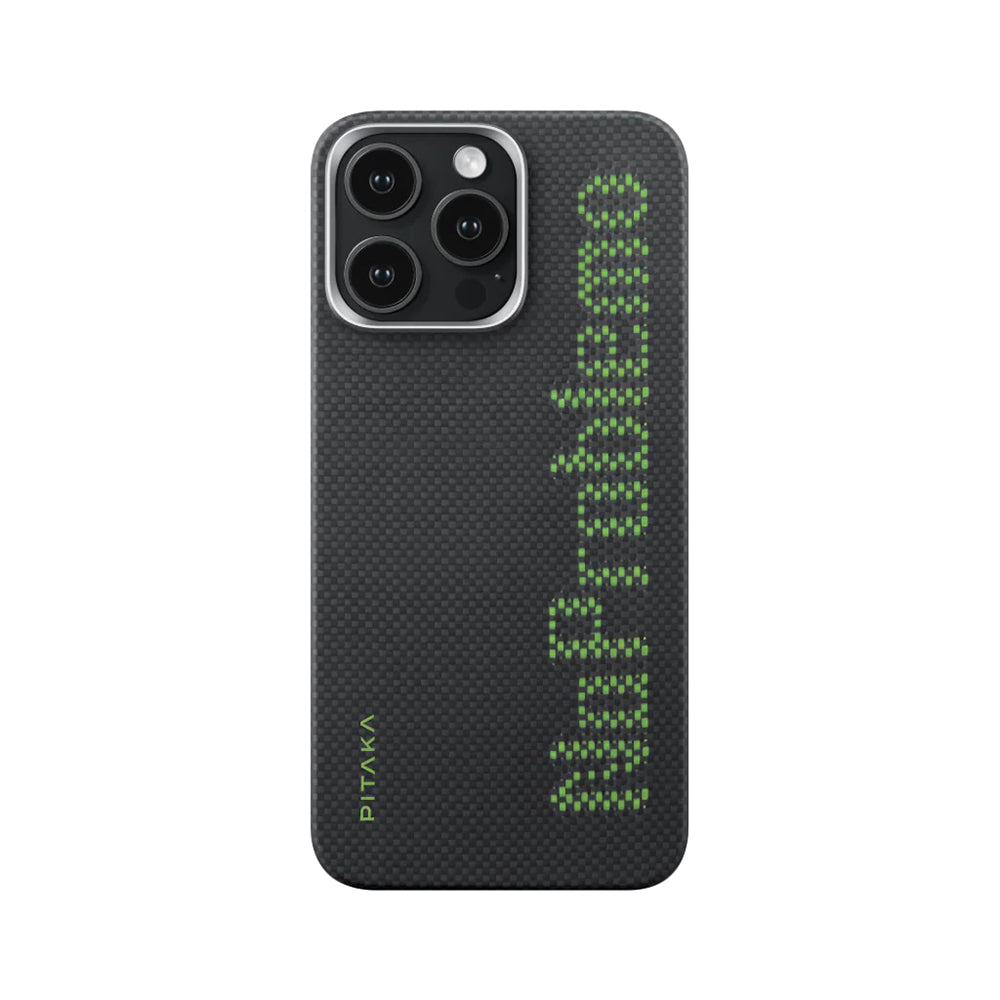iPhone 15 Pro Kılıf Magsafe Şarj Özellikli Lumintex Teknolojili Fosforlu Aramid Fiber Pitaka Tactile Woven Aries Serisi Kılıf Siyah