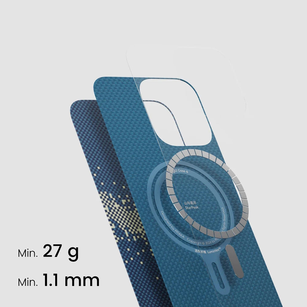 iPhone 15 Pro Kılıf Magsafe Şarj Özellikli Lumintex Teknolojili Fosforlu Özellikli Aramid Fiber Pitaka Tactile Woven Starpeak Serisi Milky Way Galaxy Kılıf Mavi