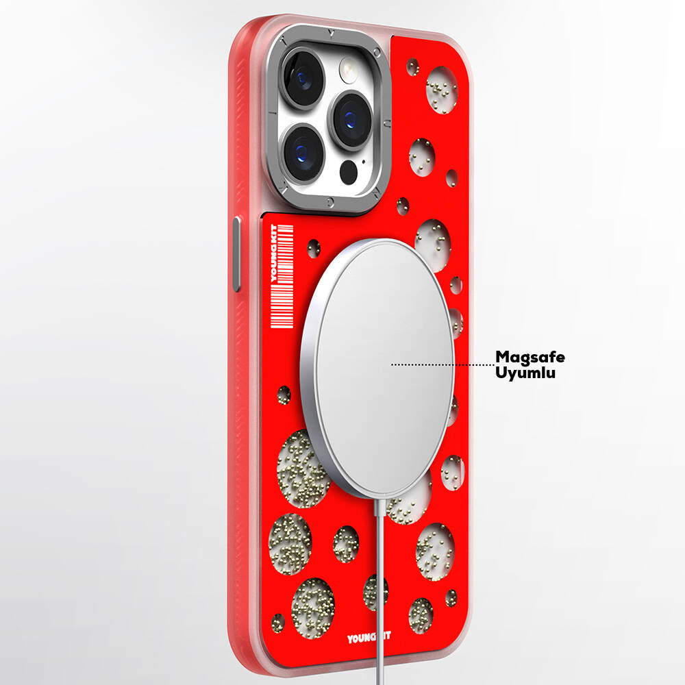 iPhone 15 Pro Kılıf Magsafe Şarj Özellikli Youngkit Quicksand Beads Serisi Kılıf Sarı