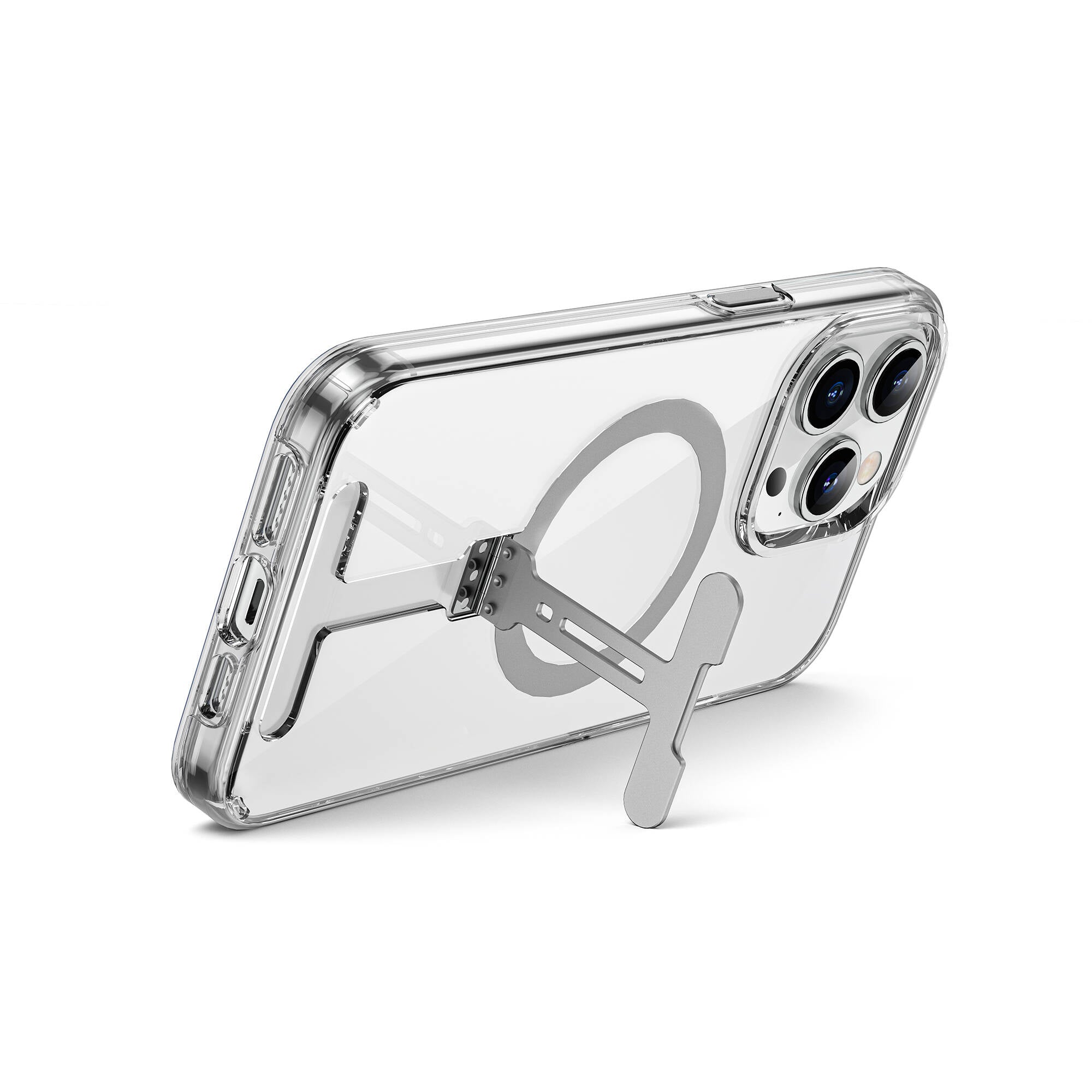 iPhone 15 Pro Kılıf Wiwu FYY-014 Magsafe Şarj Özellikli Alüminyum Alaşım Metal Standlı Şeffaf Kılıf Renksiz