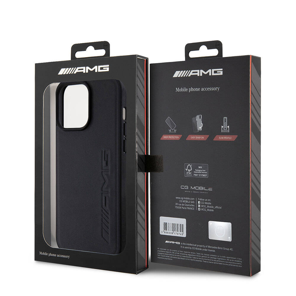 iPhone 15 Pro Max Kılıf AMG Orjinal Lisanslı Magsafe Şarj Özellikli Deri Sıcak Damgalı Kılıf Siyah