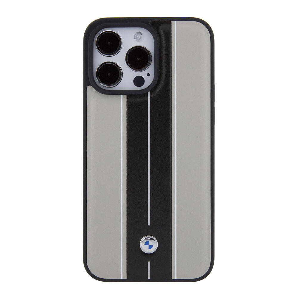 iPhone 15 Pro Max Kılıf BMW Orjinal Lisanslı Deri Arka Yüzey Metal Logolu Çift Şerit Tasarımlı Kılıf Krem