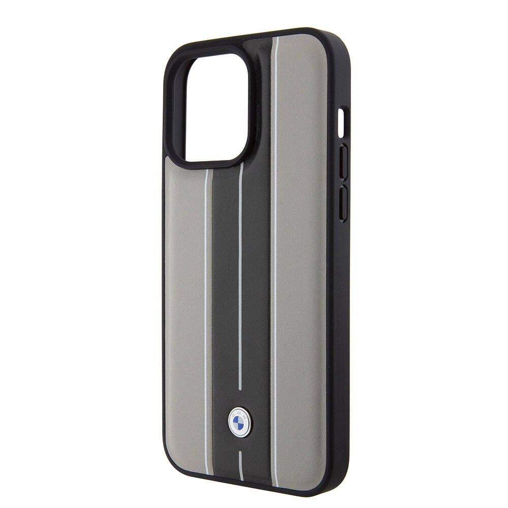iPhone 15 Pro Max Kılıf BMW Orjinal Lisanslı Deri Arka Yüzey Metal Logolu Çift Şerit Tasarımlı Kılıf Krem