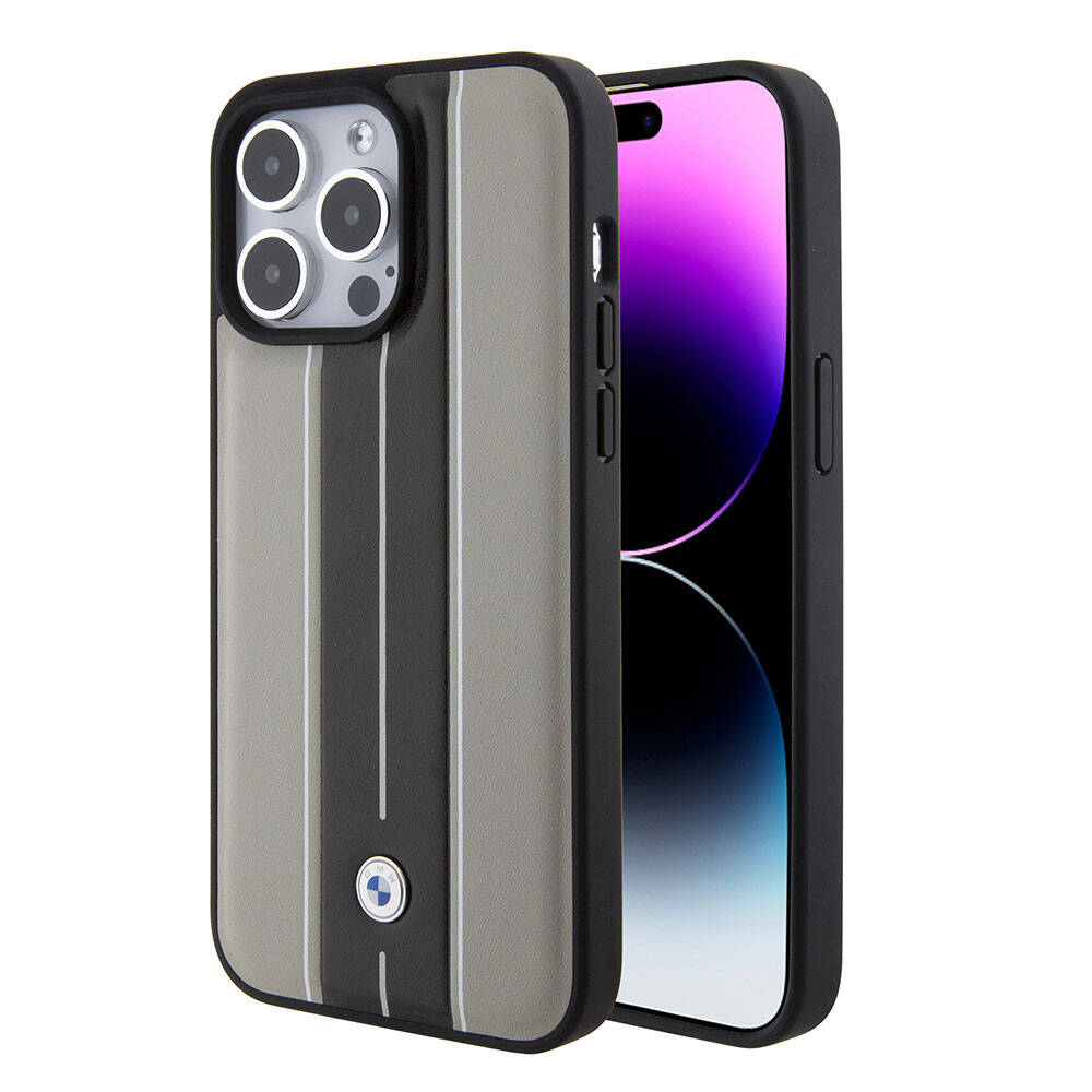 iPhone 15 Pro Max Kılıf BMW Orjinal Lisanslı Deri Arka Yüzey Metal Logolu Çift Şerit Tasarımlı Kılıf Krem