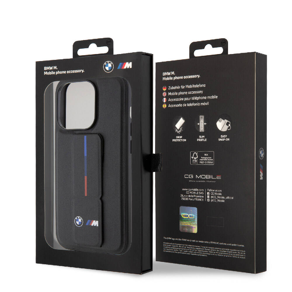 iPhone 15 Pro Max Kılıf BMW Orjinal Lisanslı M Şerit ve Logolu Standlı Kılıf Gri