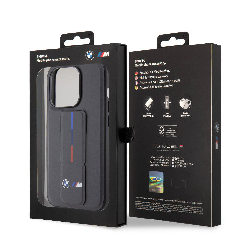 iPhone 15 Pro Max Kılıf BMW Orjinal Lisanslı M Şerit ve Logolu Standlı Kılıf Gri
