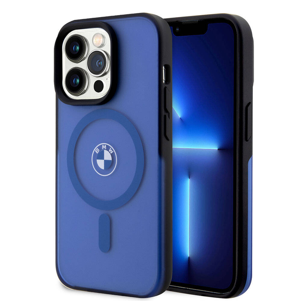 iPhone 15 Pro Max Kılıf BMW Orjinal Lisanslı Magsafe Şarj Özellikli IML Baskı Logolu Buzlu Mat Kılıf Mavi
