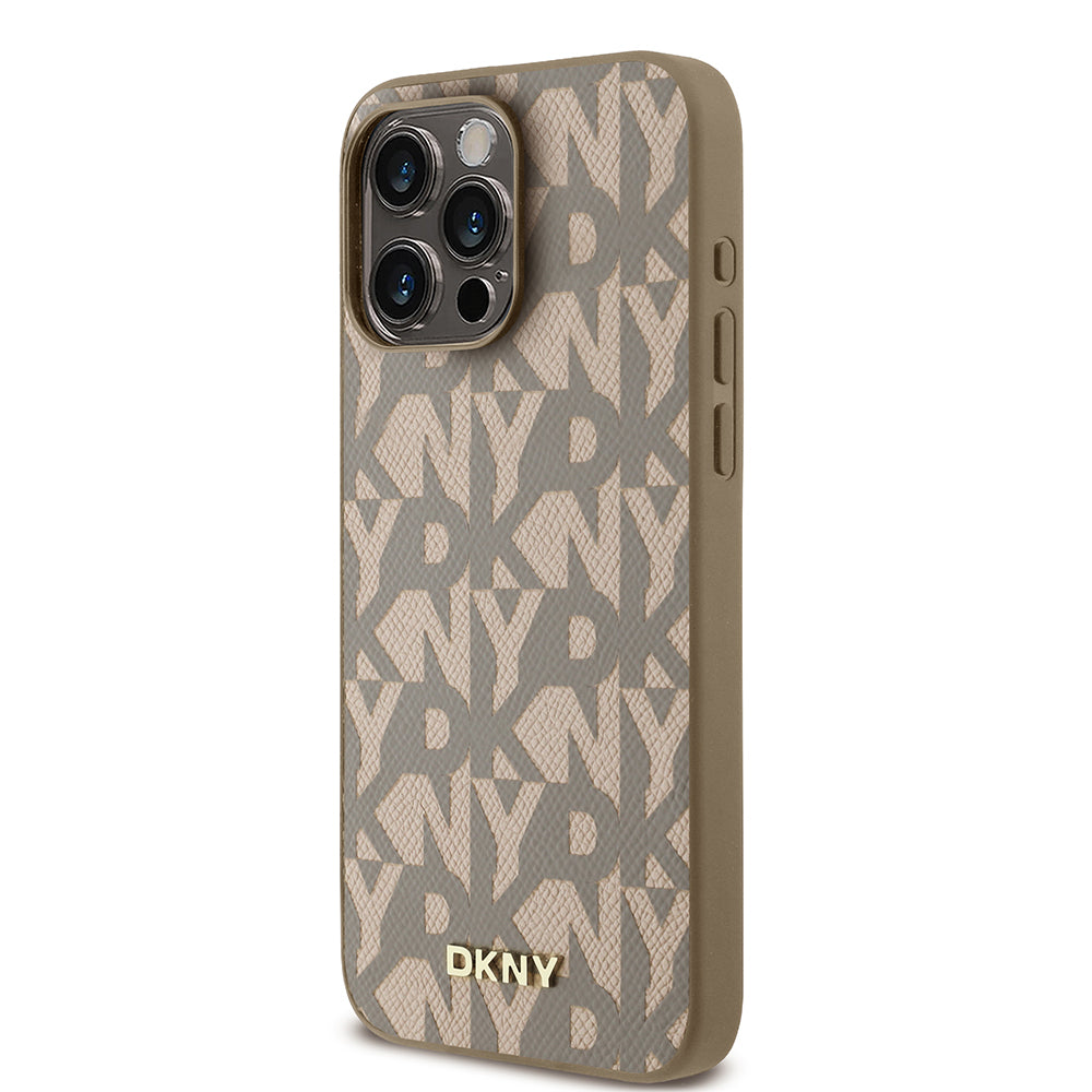 Apple iPhone 15 Pro Max Kılıf DKNY Orjinal Lisanslı M-safe Şarj Özellikli 3D Yazılı Grid Pattern Kapak Kahverengi
