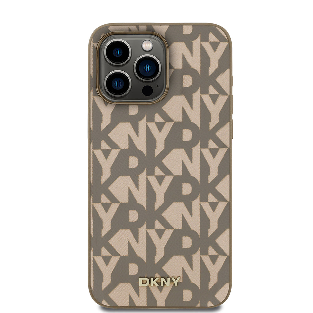 Apple iPhone 15 Pro Max Kılıf DKNY Orjinal Lisanslı M-safe Şarj Özellikli 3D Yazılı Grid Pattern Kapak Kahverengi