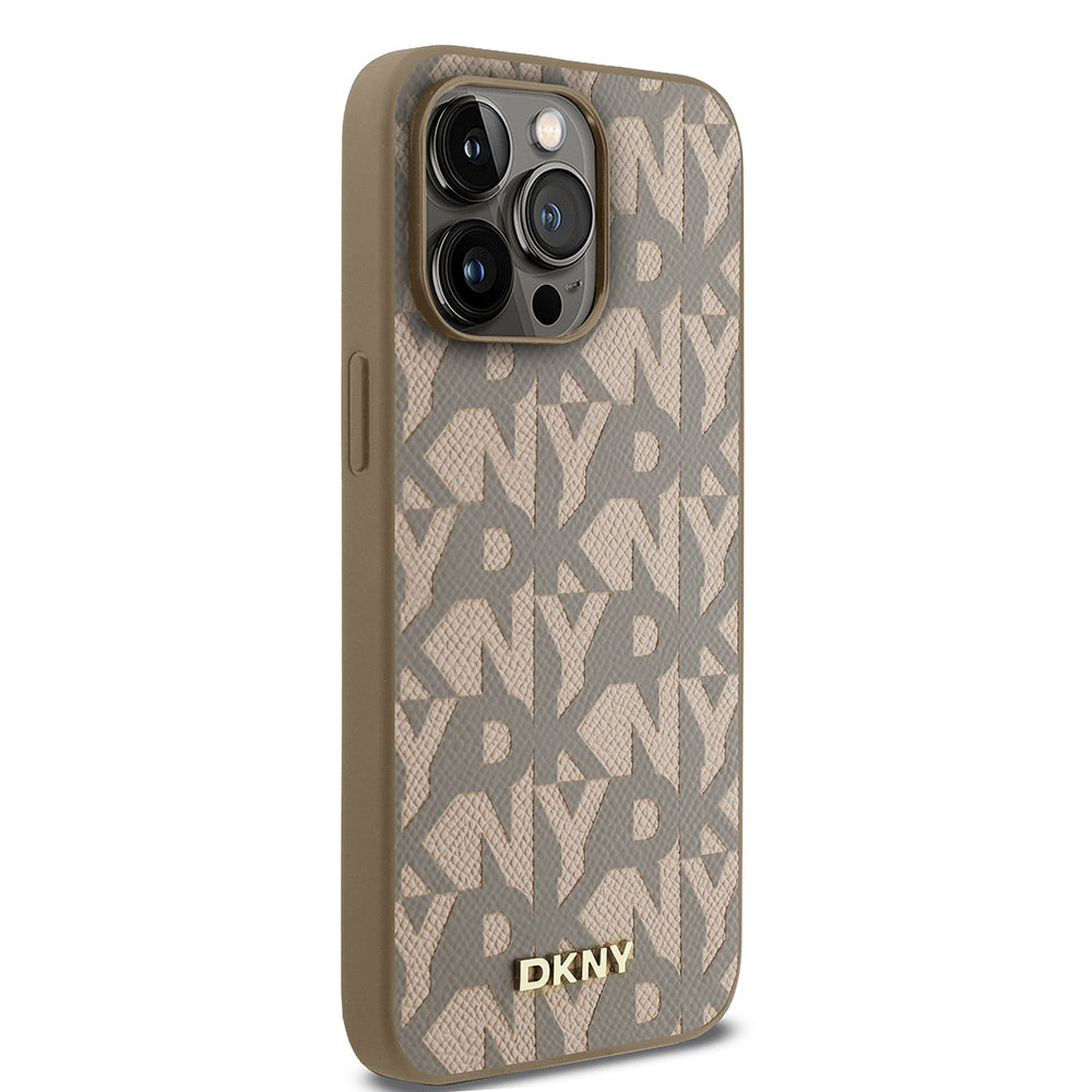Apple iPhone 15 Pro Max Kılıf DKNY Orjinal Lisanslı M-safe Şarj Özellikli 3D Yazılı Grid Pattern Kapak Kahverengi