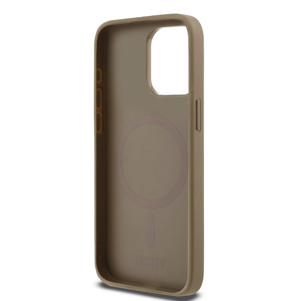 Apple iPhone 15 Pro Max Kılıf DKNY Orjinal Lisanslı M-safe Şarj Özellikli 3D Yazılı Grid Pattern Kapak Kahverengi
