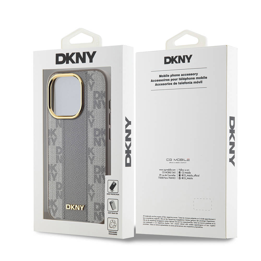 iPhone 15 Pro Max Kılıf DKNY Orjinal Lisanslı Magsafe Şarj Özellikli 3D Yazılı Checkered Pattern Kılıf Krem