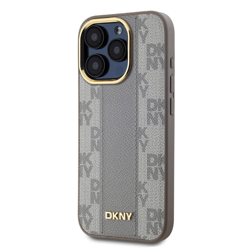 iPhone 15 Pro Max Kılıf DKNY Orjinal Lisanslı Magsafe Şarj Özellikli 3D Yazılı Checkered Pattern Kılıf Krem