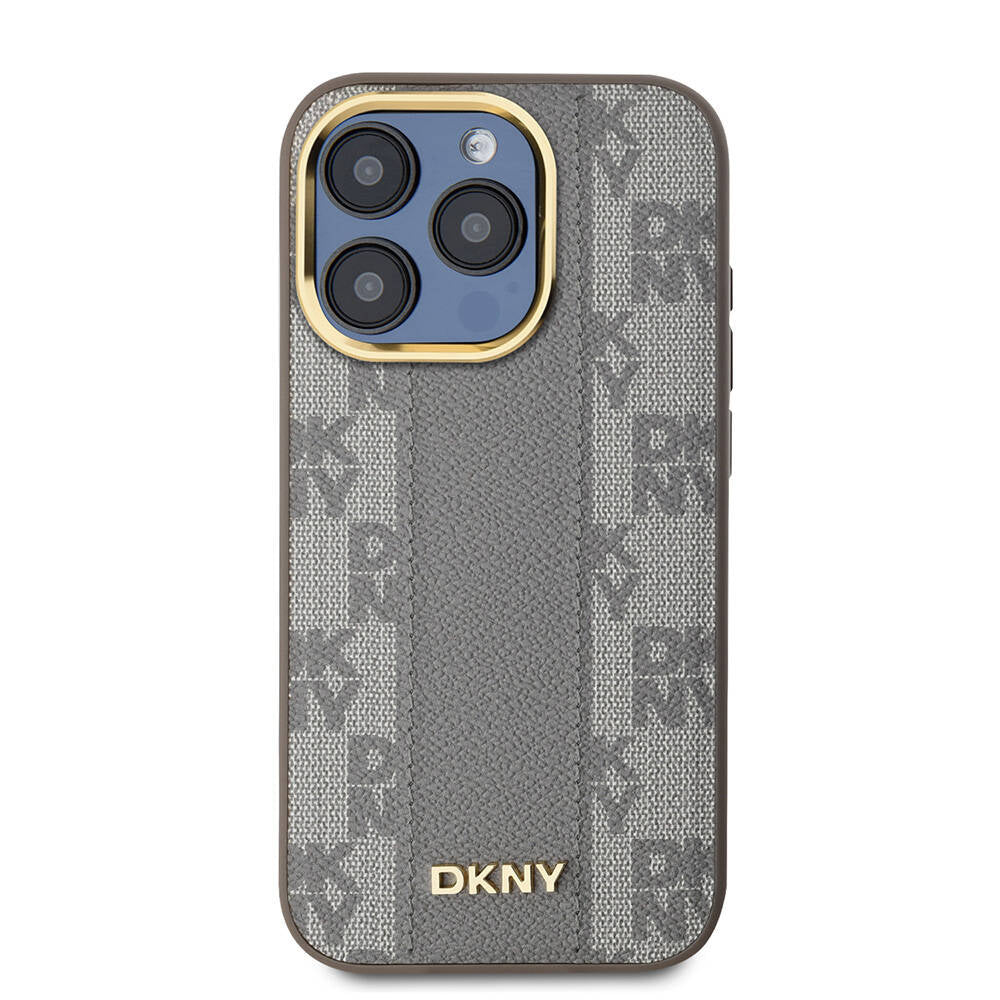 iPhone 15 Pro Max Kılıf DKNY Orjinal Lisanslı Magsafe Şarj Özellikli 3D Yazılı Checkered Pattern Kılıf Krem