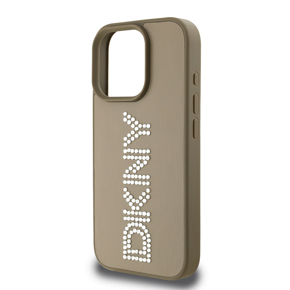 Apple iPhone 15 Pro Max Kılıf DKNY Orjinal Lisanslı Taşlı DKNY Yazılı Metalik Rhinestones PU Deri Kapak Kahverengi