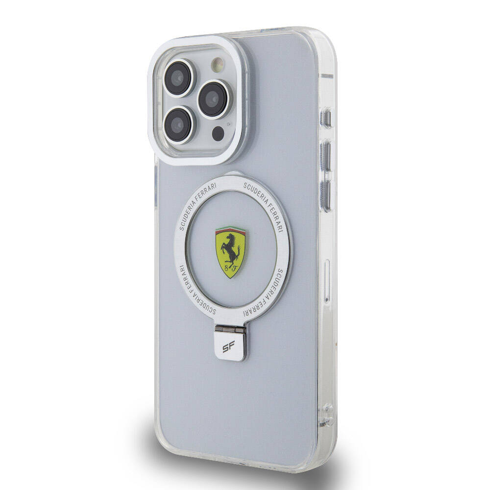 iPhone 15 Pro Max Kılıf Ferrari Magsafe Şarj Özellikli Standlı Buzlu Yüzey Dizayn Kılıf Kırmızı