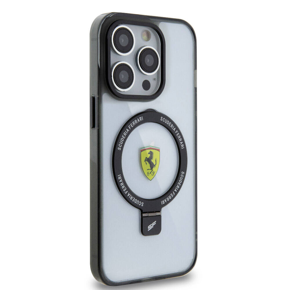 iPhone 15 Pro Max Kılıf Ferrari Magsafe Şarj Özellikli Standlı Buzlu Yüzey Dizayn Kılıf Gümüş