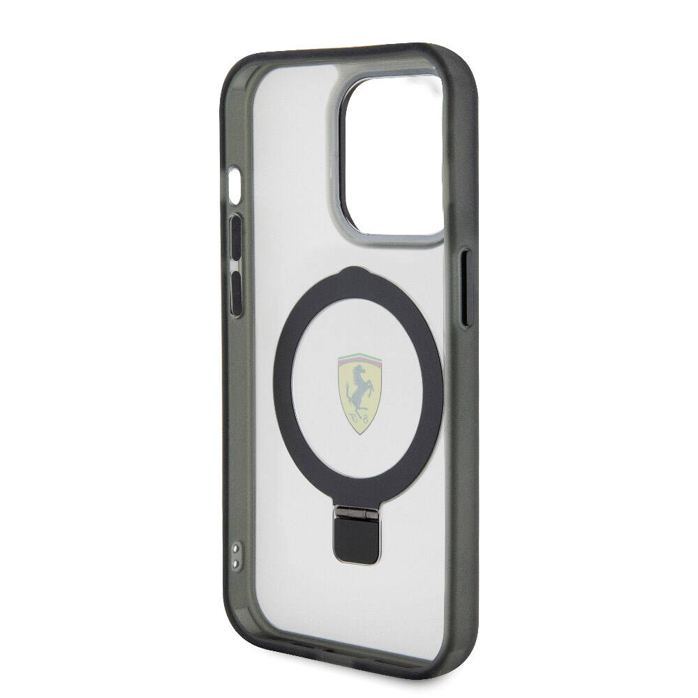 iPhone 15 Pro Max Kılıf Ferrari Magsafe Şarj Özellikli Standlı Buzlu Yüzey Dizayn Kılıf Transparan Siyah