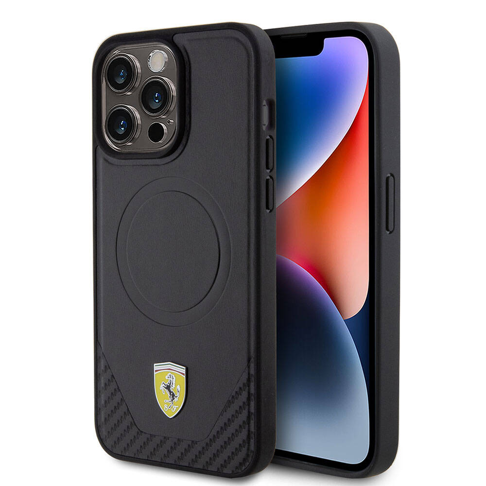 iPhone 15 Pro Max Kılıf Ferrari Orjinal Lisanslı Magsafe Şarj Özellikli Metal Logolu PU Karbon Kılıf Siyah