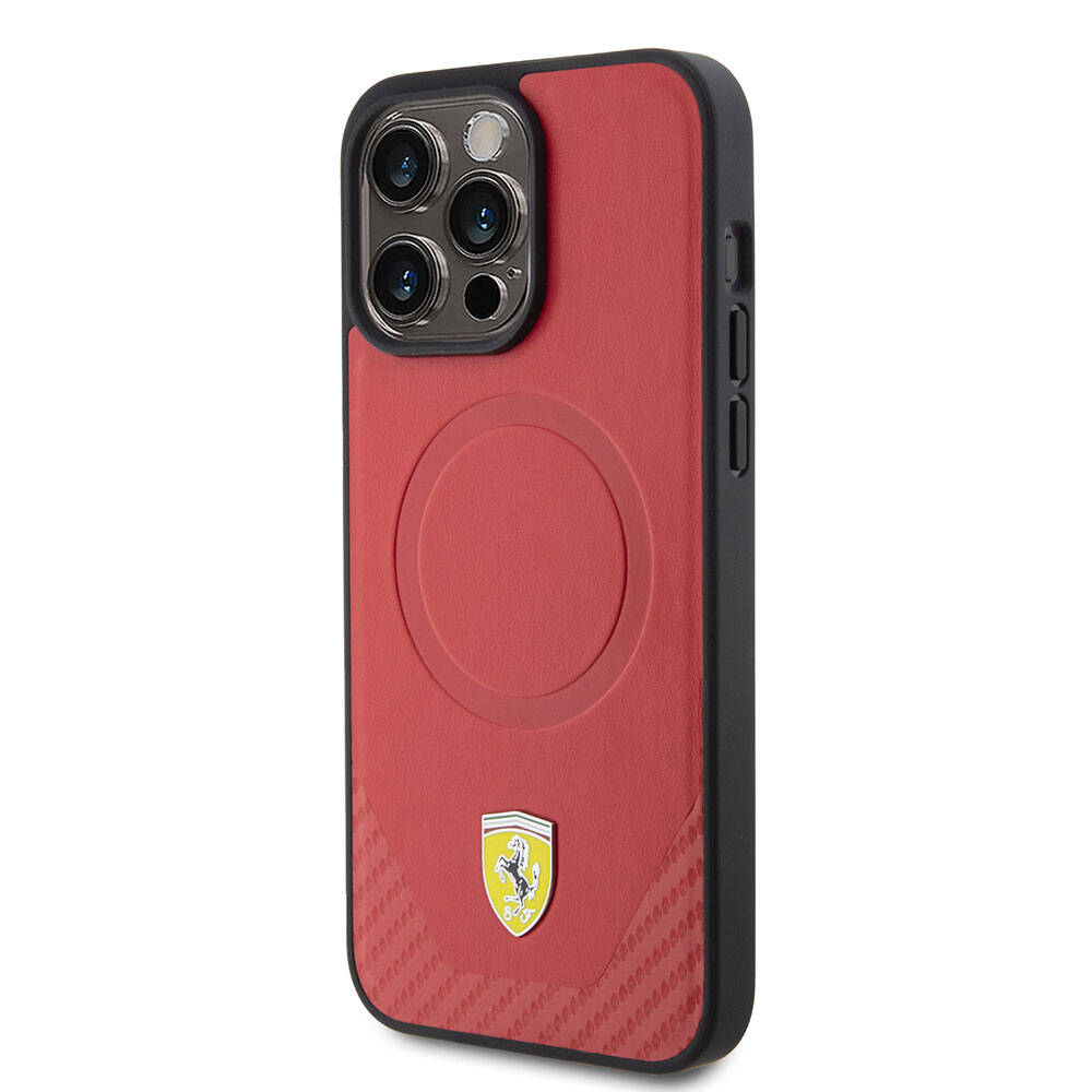 iPhone 15 Pro Max Kılıf Ferrari Orjinal Lisanslı Magsafe Şarj Özellikli Metal Logolu PU Karbon Kılıf Kırmızı