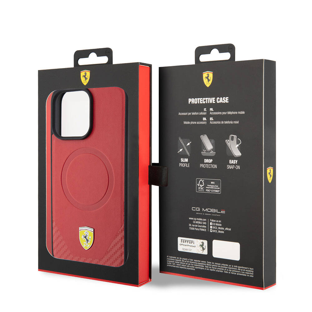 iPhone 15 Pro Max Kılıf Ferrari Orjinal Lisanslı Magsafe Şarj Özellikli Metal Logolu PU Karbon Kılıf Kırmızı