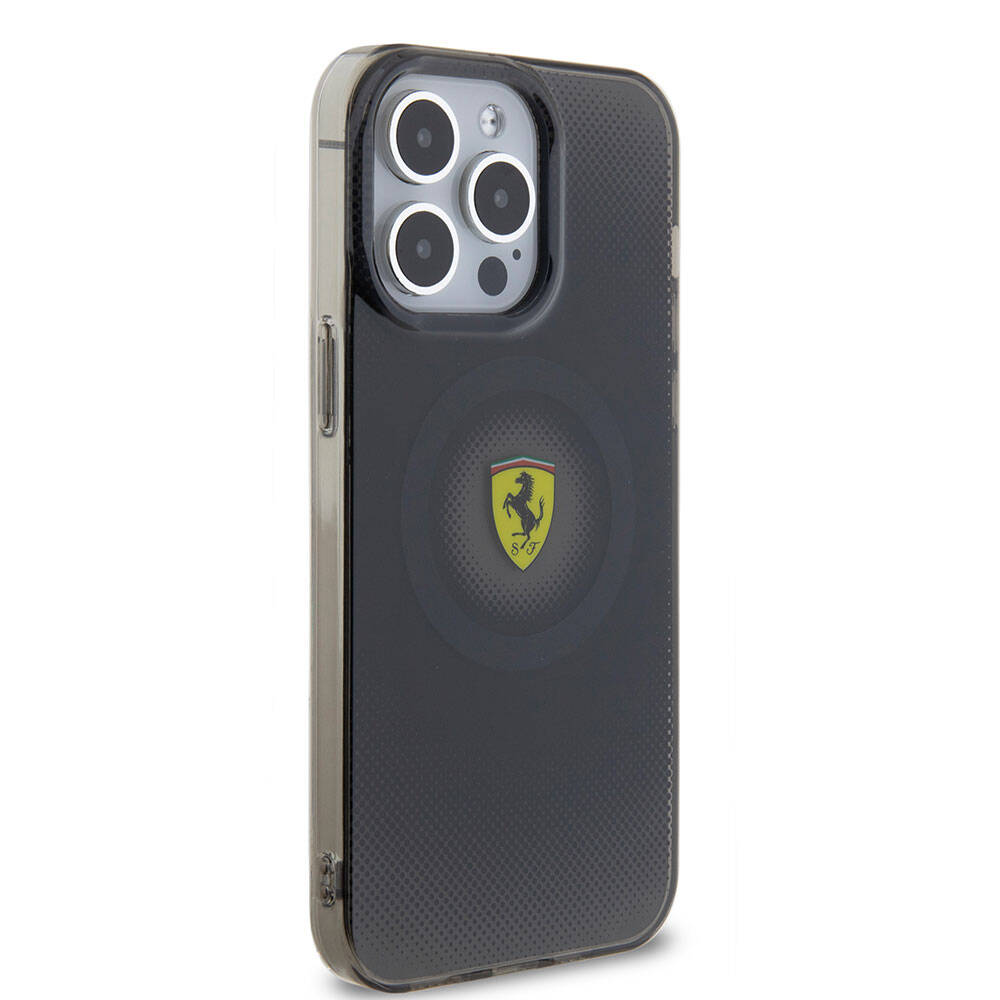 iPhone 15 Pro Max Kılıf Ferrari Orjinal Lisanslı Magsafe Şarj Özellikli Parçalanan Noktalar Desenli Kılıf Sarı