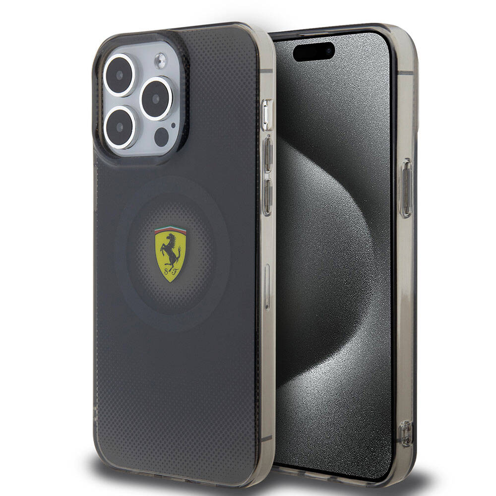 iPhone 15 Pro Max Kılıf Ferrari Orjinal Lisanslı Magsafe Şarj Özellikli Parçalanan Noktalar Desenli Kılıf Siyah