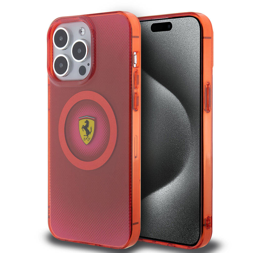 iPhone 15 Pro Max Kılıf Ferrari Orjinal Lisanslı Magsafe Şarj Özellikli Parçalanan Noktalar Desenli Kılıf Kırmızı