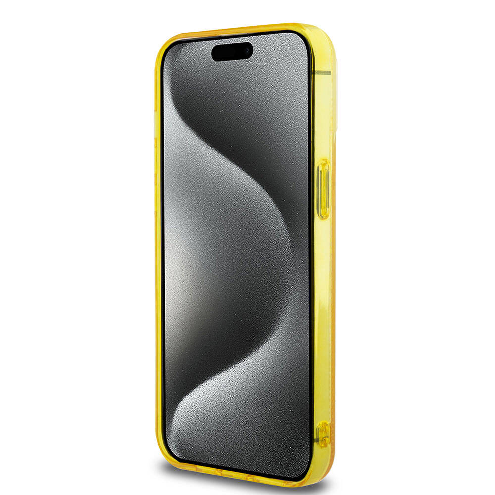 iPhone 15 Pro Max Kılıf Ferrari Orjinal Lisanslı Magsafe Şarj Özellikli Parçalanan Noktalar Desenli Kılıf Sarı
