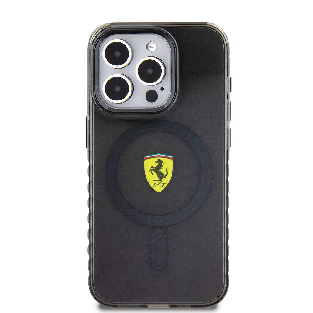 iPhone 15 Pro Max Kılıf Ferrari Orjinal Lisanslı Magsafe Şarj Özellikli Tırtıklı Kenar Tasarımlı Ortalanmış Logo Kılıf Kırmızı