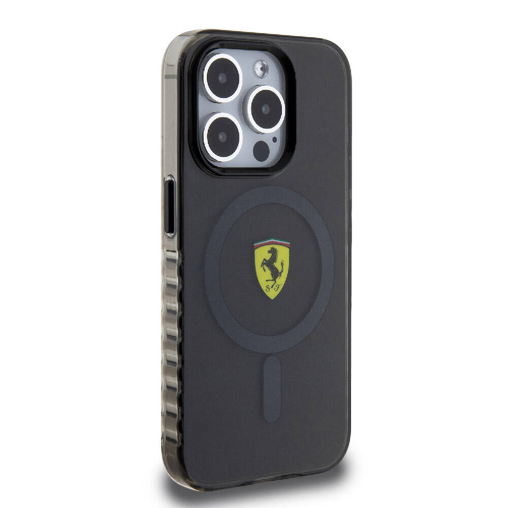 iPhone 15 Pro Max Kılıf Ferrari Orjinal Lisanslı Magsafe Şarj Özellikli Tırtıklı Kenar Tasarımlı Ortalanmış Logo Kılıf Kırmızı