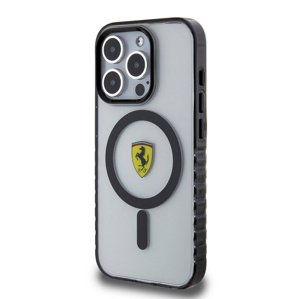iPhone 15 Pro Max Kılıf Ferrari Orjinal Lisanslı Magsafe Şarj Özellikli Tırtıklı Kenar Tasarımlı Ortalanmış Logo Kılıf Kırmızı