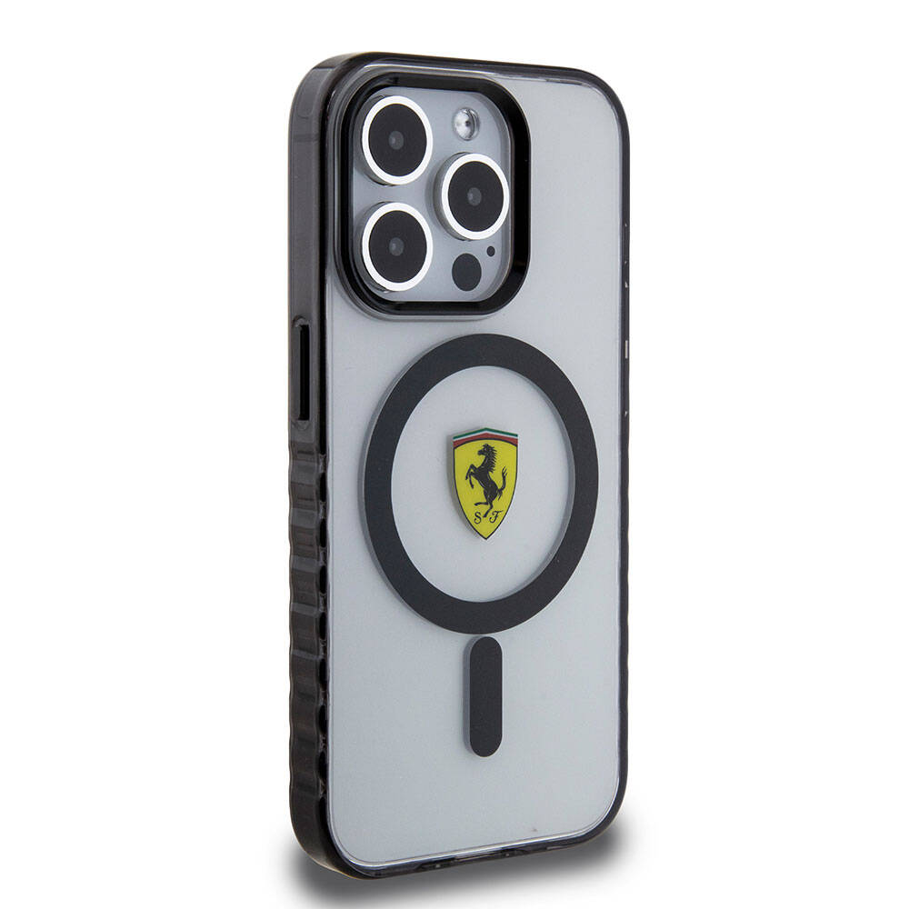iPhone 15 Pro Max Kılıf Ferrari Orjinal Lisanslı Magsafe Şarj Özellikli Tırtıklı Kenar Tasarımlı Ortalanmış Logo Kılıf Kırmızı
