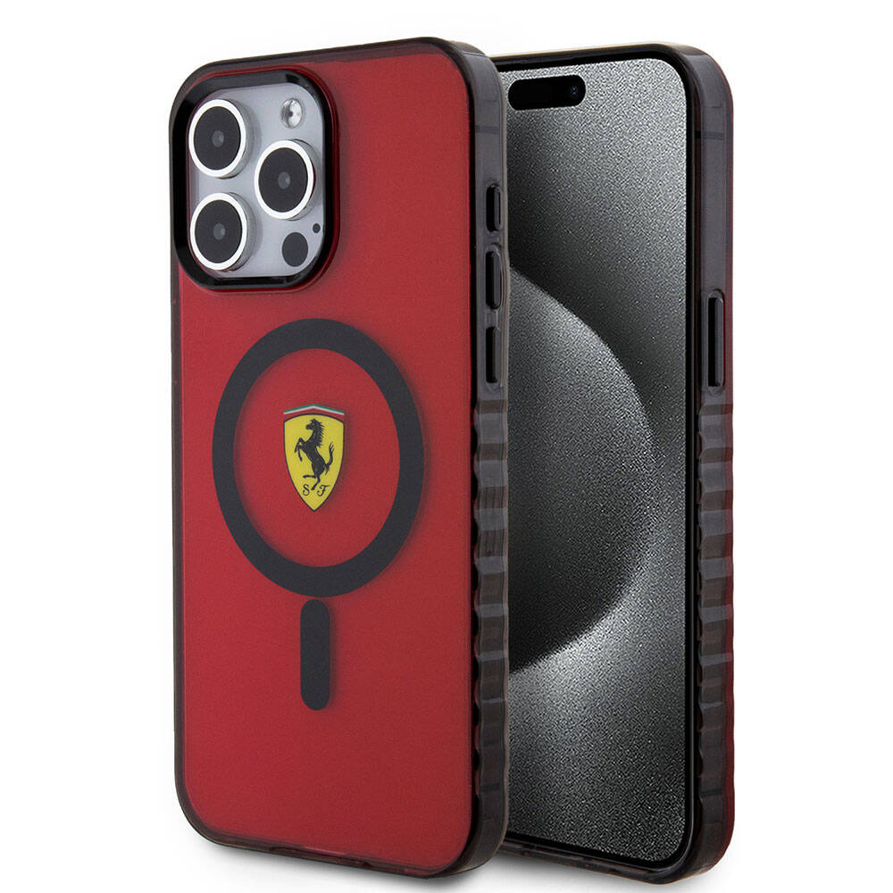 iPhone 15 Pro Max Kılıf Ferrari Orjinal Lisanslı Magsafe Şarj Özellikli Tırtıklı Kenar Tasarımlı Ortalanmış Logo Kılıf Kırmızı
