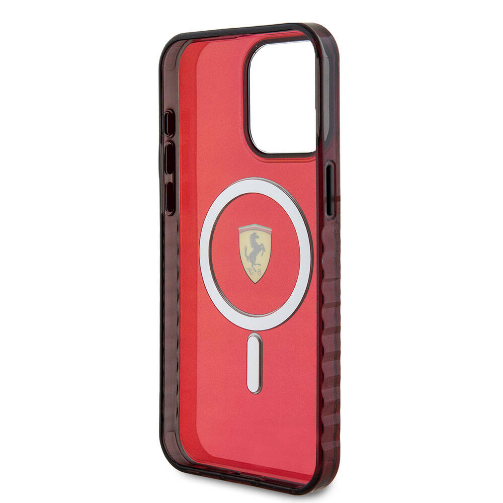 iPhone 15 Pro Max Kılıf Ferrari Orjinal Lisanslı Magsafe Şarj Özellikli Tırtıklı Kenar Tasarımlı Ortalanmış Logo Kılıf Kırmızı