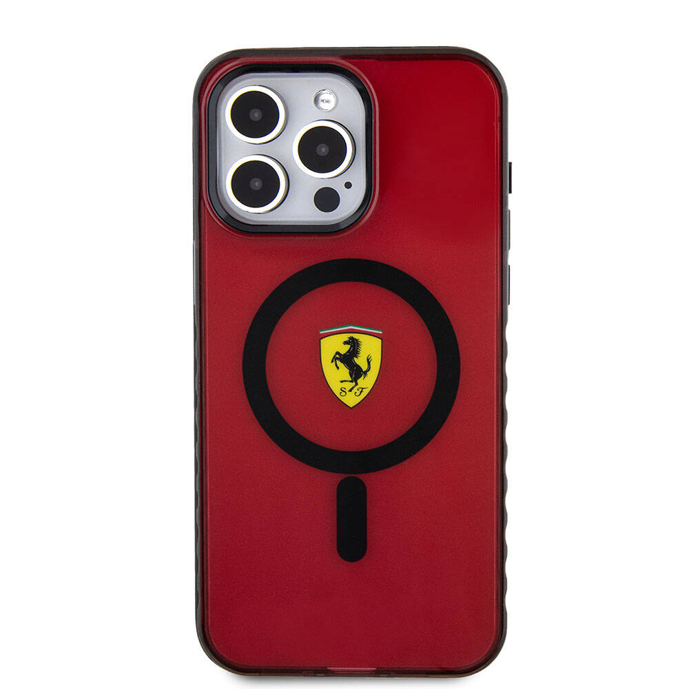 iPhone 15 Pro Max Kılıf Ferrari Orjinal Lisanslı Magsafe Şarj Özellikli Tırtıklı Kenar Tasarımlı Ortalanmış Logo Kılıf Kırmızı
