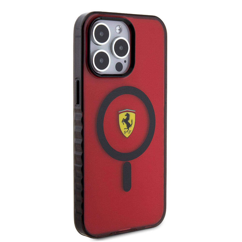 iPhone 15 Pro Max Kılıf Ferrari Orjinal Lisanslı Magsafe Şarj Özellikli Tırtıklı Kenar Tasarımlı Ortalanmış Logo Kılıf Kırmızı