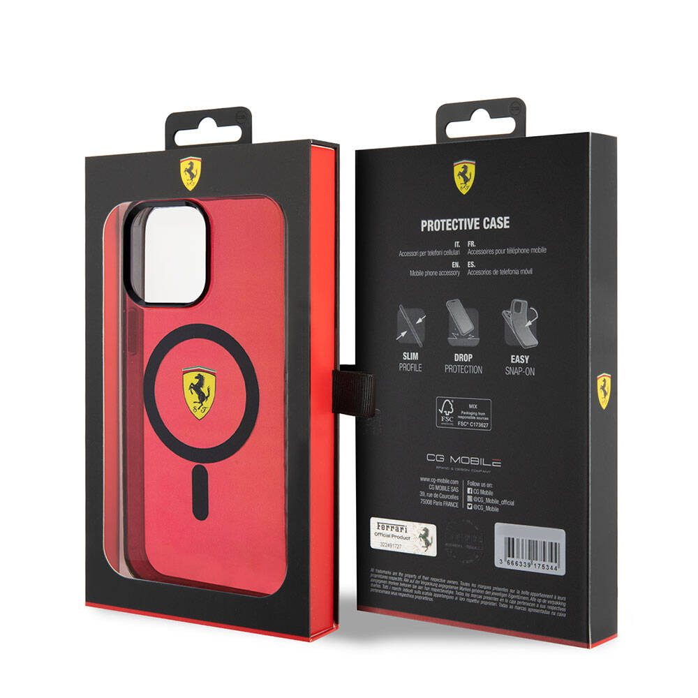 iPhone 15 Pro Max Kılıf Ferrari Orjinal Lisanslı Magsafe Şarj Özellikli Tırtıklı Kenar Tasarımlı Ortalanmış Logo Kılıf Kırmızı