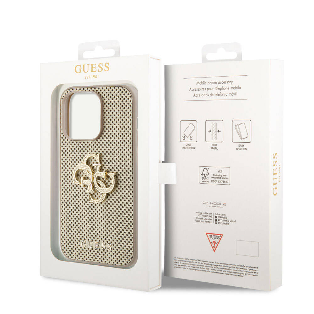 Apple iPhone 15 Pro Max Kılıf Guess Orjinal Lisanslı Delikli Yazı ve 4G Glitter Büyük Metal Logolu Kapak Kahverengi