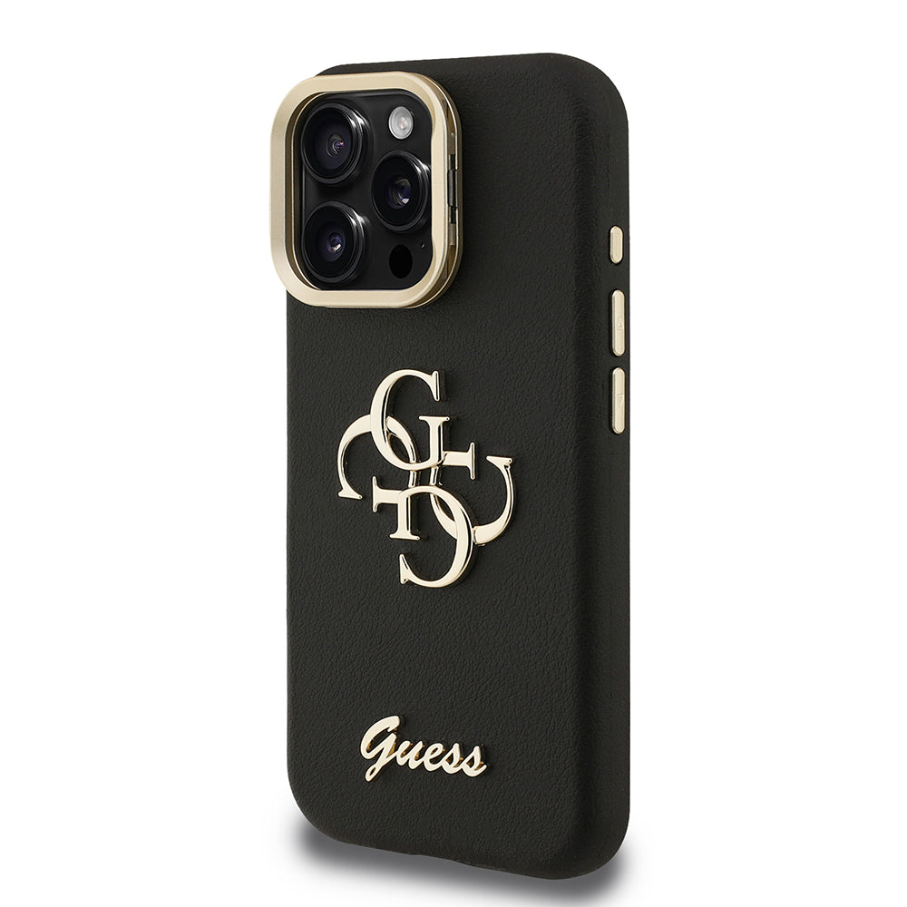 Apple iPhone 15 Pro Max Kılıf Guess Orjinal Lisanslı Grained Yazı Logolu Kamera Standlı Kapak Siyah